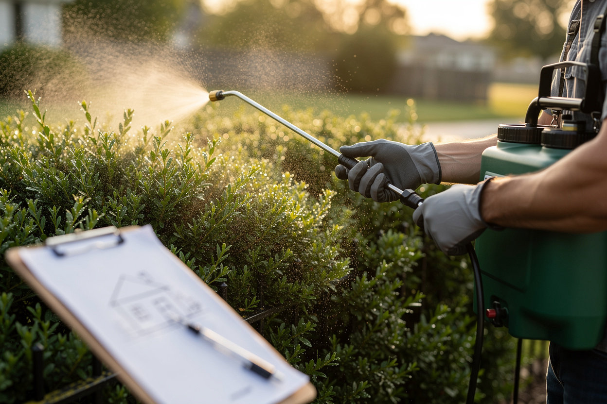 Green Frog Pest Services mosquito barrier treatment process - professional technician applying EPA-approved formula for 30-day protection